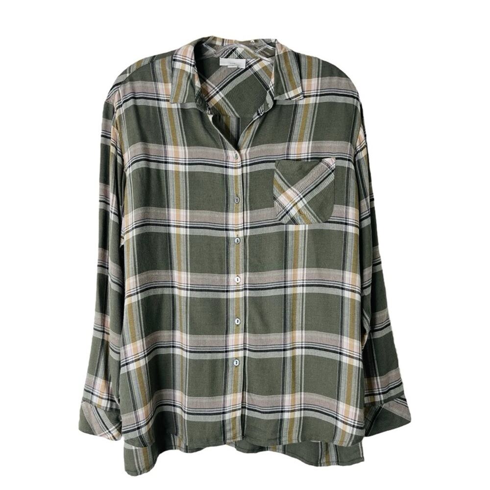 J Jill green white tan pink flannel button front top XS